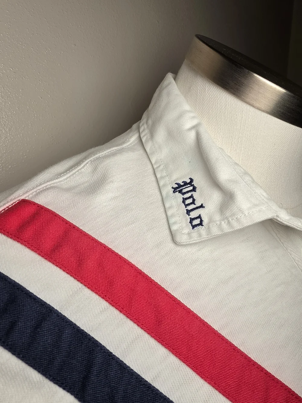 Polo by Ralph Lauren White Long-Sleeve Polo with Red & Navy V-Stripes